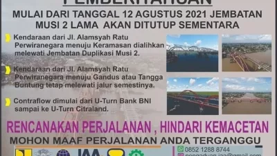 Ada Perbaikan Mulai 12 Agustus Jembatan Musi II Ditutup