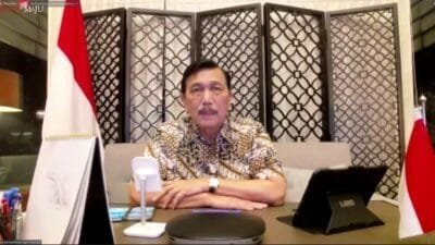 Menteri Koordinator Bidang Kemaritiman dan Investasi (Menko Marves) Luhut Binsar Pandjaitan dalam keterangan pers bersama mengenai perkembangan PPKM terkini, Senin (30/08/2021) malam, secara virtual.