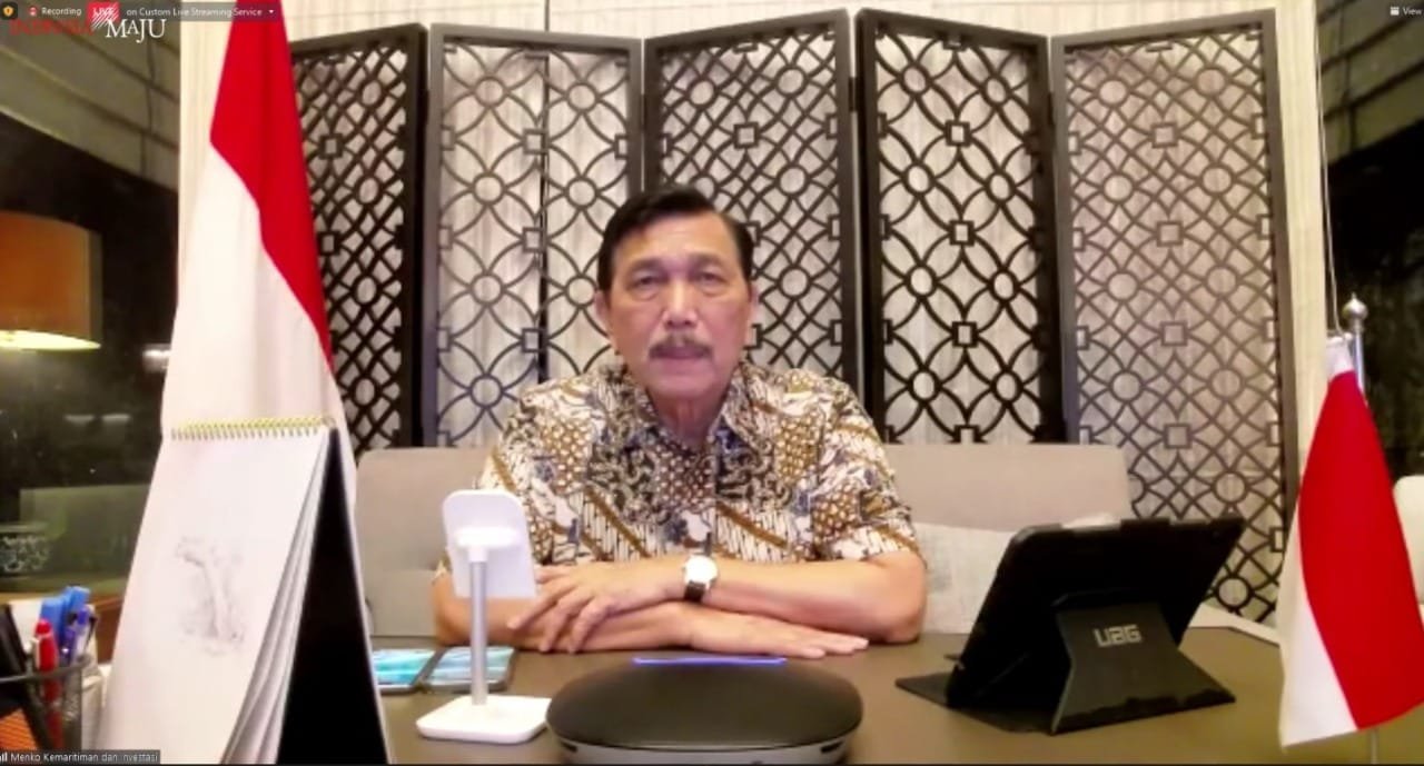 Menteri Koordinator Bidang Kemaritiman dan Investasi (Menko Marves) Luhut Binsar Pandjaitan dalam keterangan pers bersama mengenai perkembangan PPKM terkini, Senin (30/08/2021) malam, secara virtual.